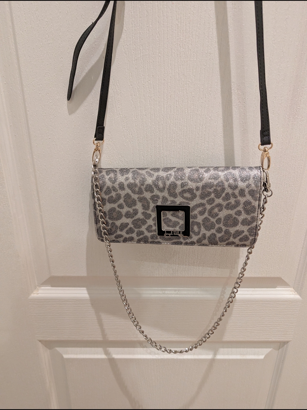 Joseph ribkoff Silver Leopard Print Crossbody Bag with Chain Strap